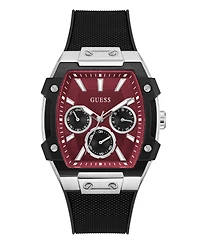 Guess Men's Silver-Tone Black Silicone Multi-Function Watch, 44mm