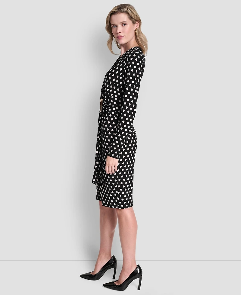 Dkny Women's Long Sleeve Faux Wrap Polka Dot Knee Length Dress