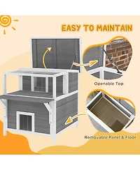 PawHut Outdoor Cat House w/ Balcony, Openable Top, Escape Door, Light