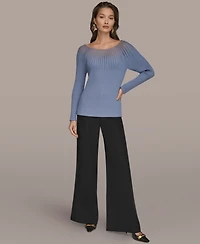 Donna Karan New York Women's Collared Knit Long Sleeve Boat Neck Sweater