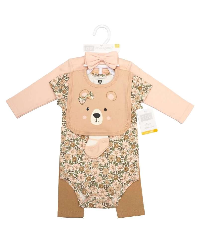 Hudson Baby Girls Cotton Layette Set, Floral Brown Bear, 9-12 Months