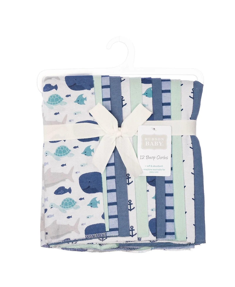 Hudson Baby Cotton Flannel Burp Cloths 12-Pack Bundle, Sea Friends, One Size