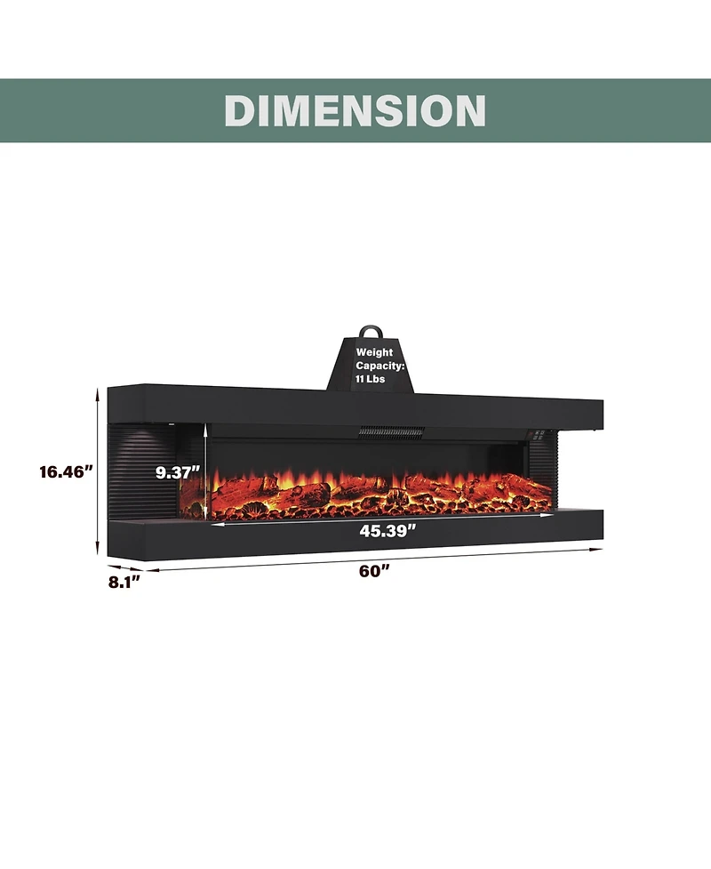 Mondawe Suspended Led Light Mantel with Remote Control Stylish Electric Fireplace