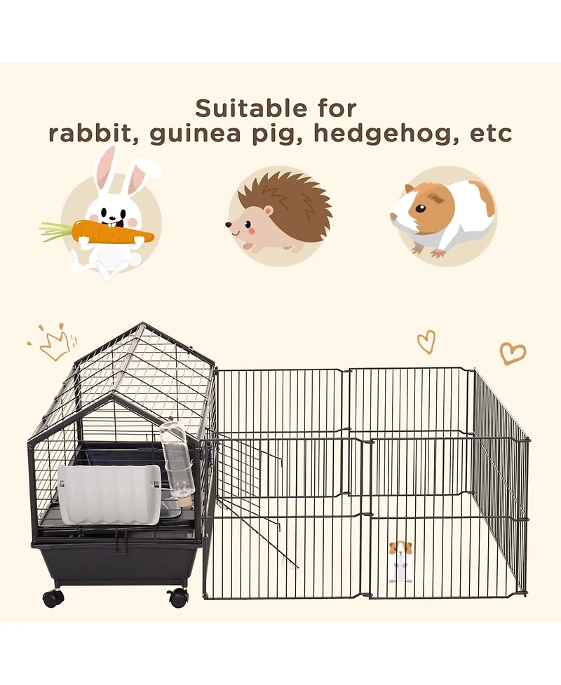 PawHut Small Animal Playpen Cage w/ Rolling Caster, Water Bottle, 35" L