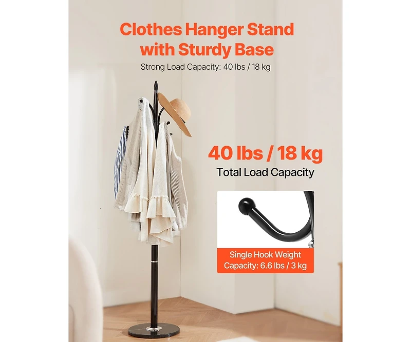 Slickblue Freestanding Coat Rack with Marble Base and 6 Hooks for Coats and Hats