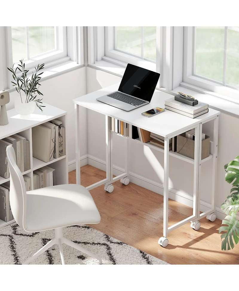 Homcom Small Folding Desk Foldable Computer Desk with Shelf Wheels