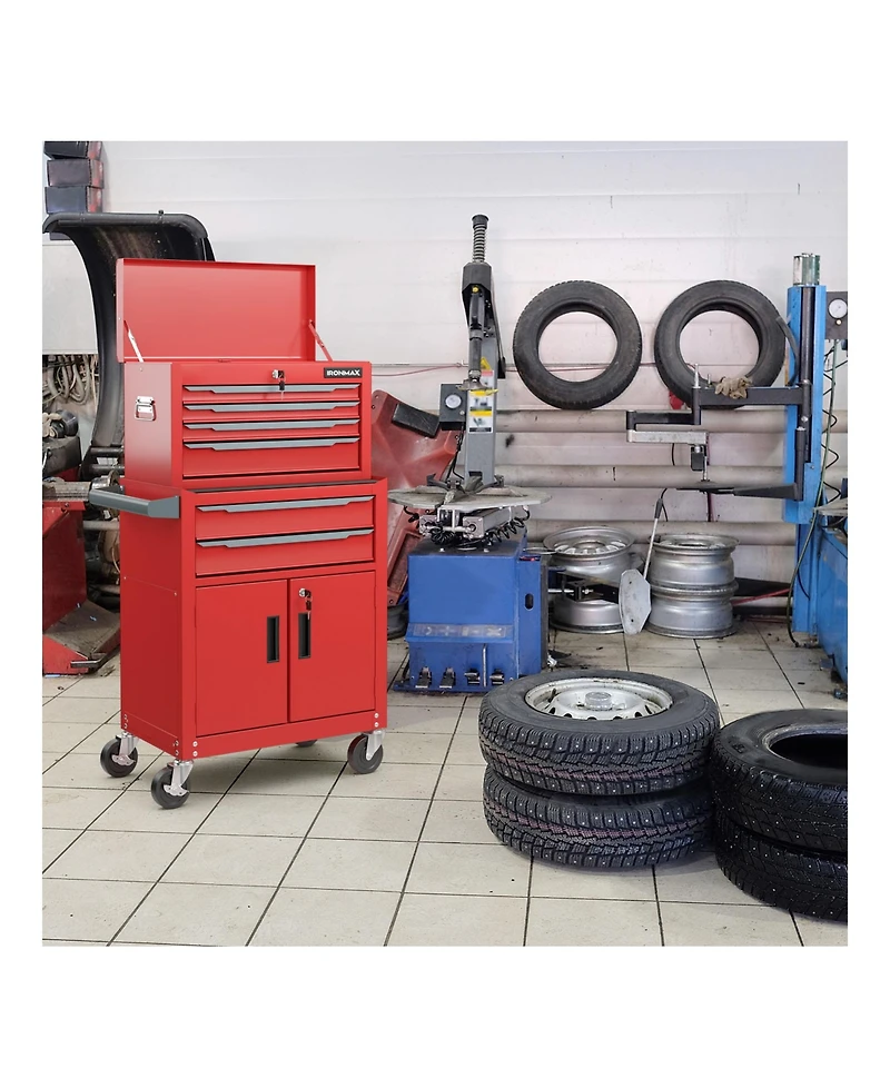 Sugift 6-Drawer Rolling Tool Storage Chest Cabinet with Universal Wheels and Hooks