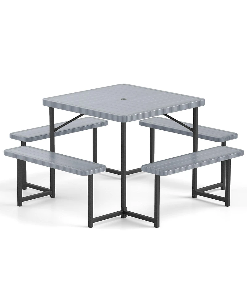 Outdoor Square Picnic Table Bench Set for 4-8 People with Umbrella Hole