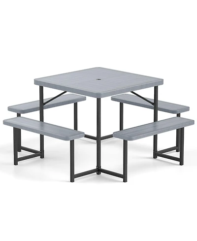Outdoor Square Picnic Table Bench Set for 4-8 People with Umbrella Hole