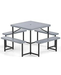 Outdoor Square Picnic Table Bench Set for 4-8 People with Umbrella Hole