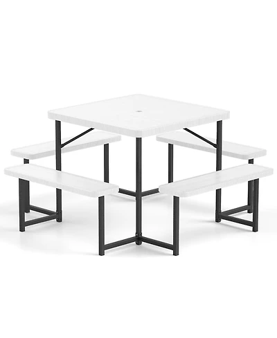 Outdoor Square Picnic Table Bench Set for 4-8 People with Umbrella Hole