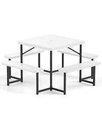 Outdoor Square Picnic Table Bench Set for 4-8 People with Umbrella Hole