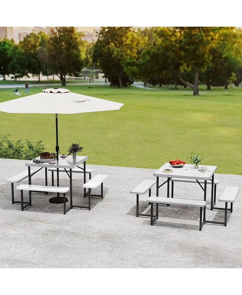 Outdoor Square Picnic Table Bench Set for 4-8 People with Umbrella Hole