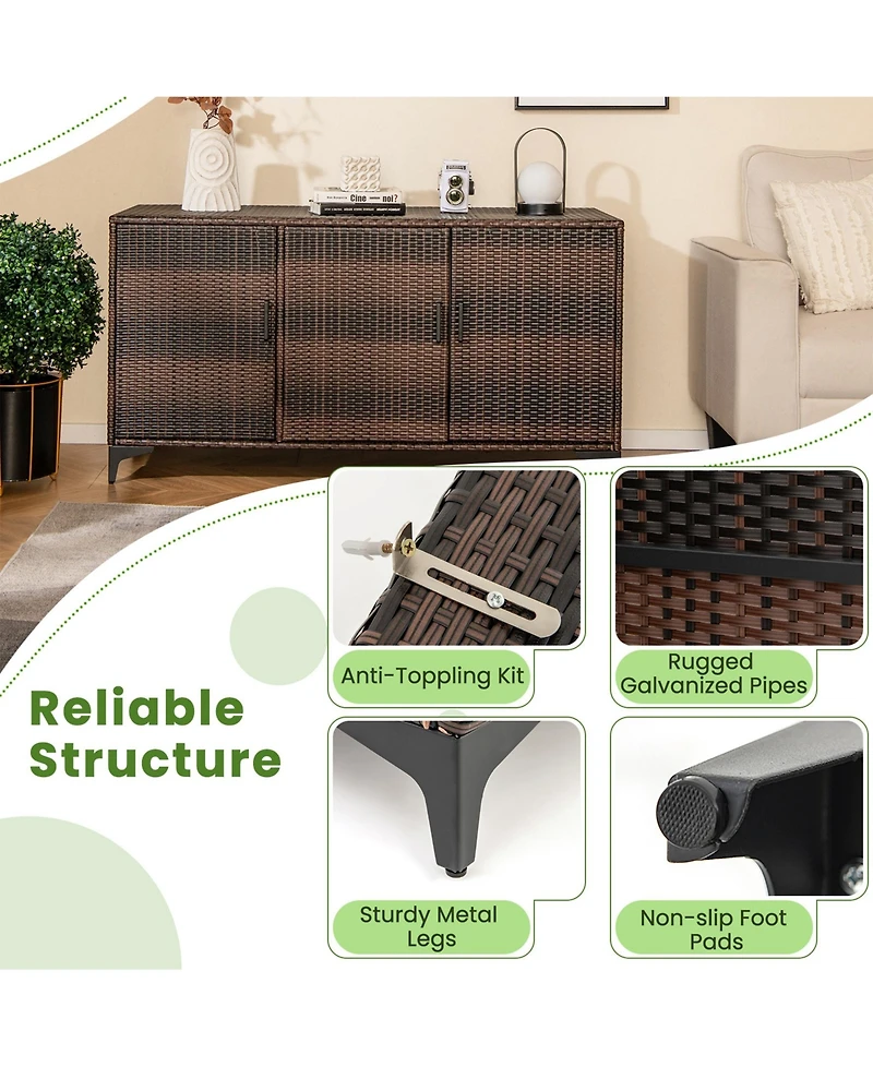 Sugfit 84 Gallon Patio Wicker Deck Box 3-Door Pe Rattan Storage Container with Removable Shelves-Brown