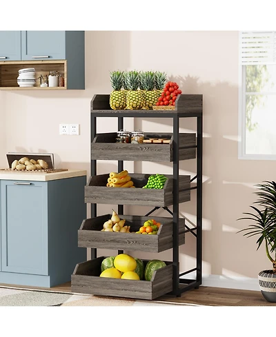 Tribesigns Wood Fruit and Vegetable Storage Rack, 5-Tier Pull-Out Snack Stand Fruit Basket Stand