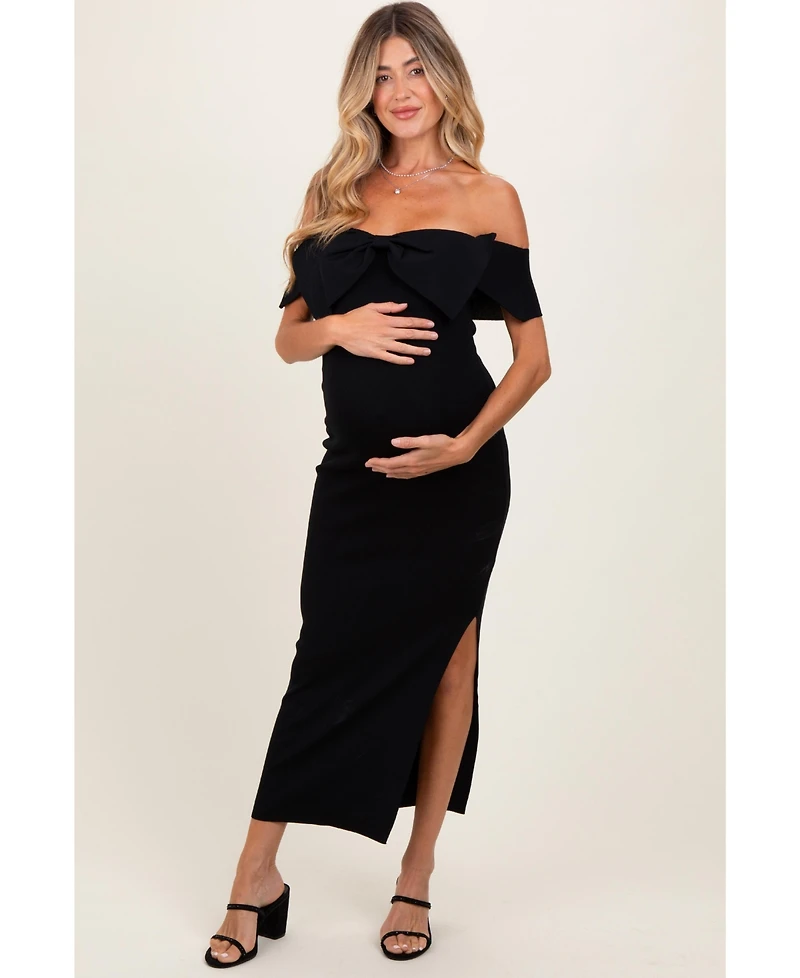 Pinkblush Maternity Black Bow Detail Off Shoulder Side Slit Midi Dress