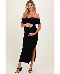 Pinkblush Maternity Black Bow Detail Off Shoulder Side Slit Midi Dress