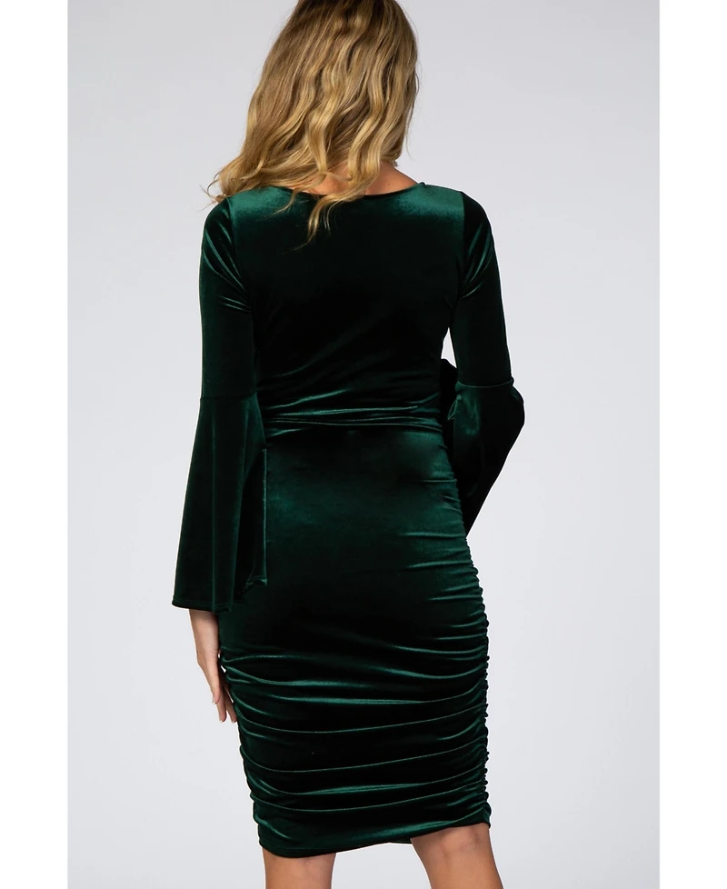 Pinkblush Maternity Forest Green Velvet Ruched Bell Sleeve Dress