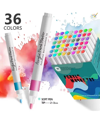 Htutwoo 36 Colors Permanent Paint Pens, Acrylic Markers for Rock Painting, Stone, Wood, Calligraphy, Canvas, Ceramic, Diy Crafts