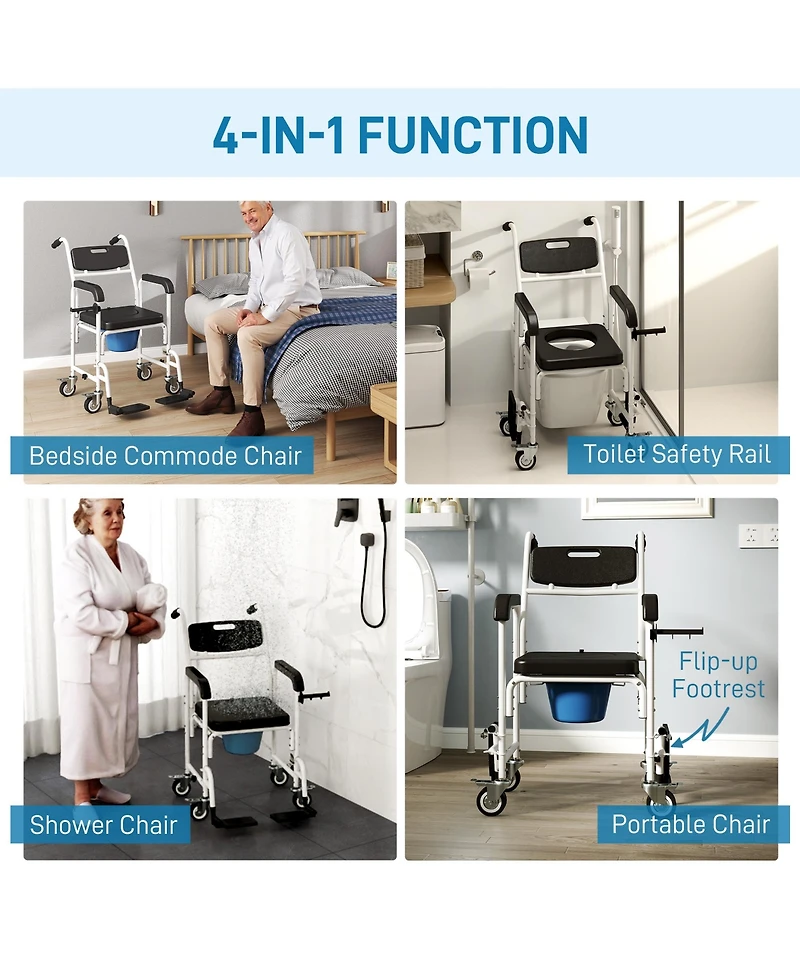 Shower Chair with Wheels, Bedside Commode Wheelchair for Seniors,