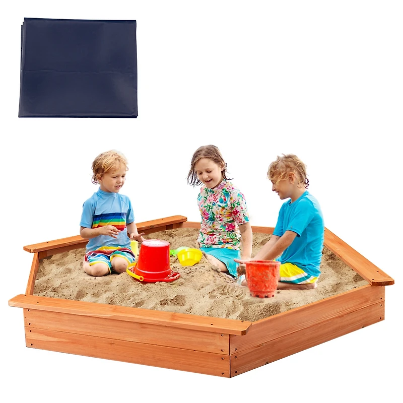 Sugift Hexagon Wooden Cedar Sand Box With Seat Boards