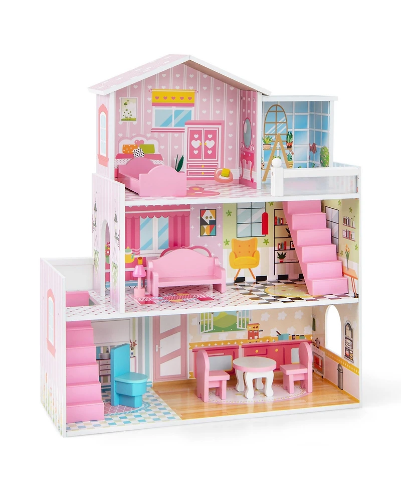 Sugift Kids Wooden Dollhouse Playset with 5 Simulated Rooms and 10 Pieces of Furniture