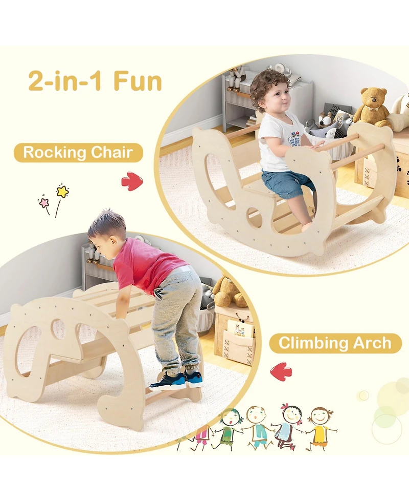 Sugift 2-in-1 Rocking Horse Arch for Kids Montessori Climbing Toys with Arch Climber-Natural