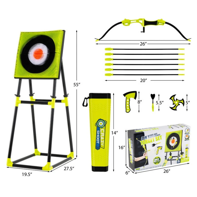 4-in-1 Throwing Target Game Set with Axes, Darts, Bow & Arrows for Kids and Adults