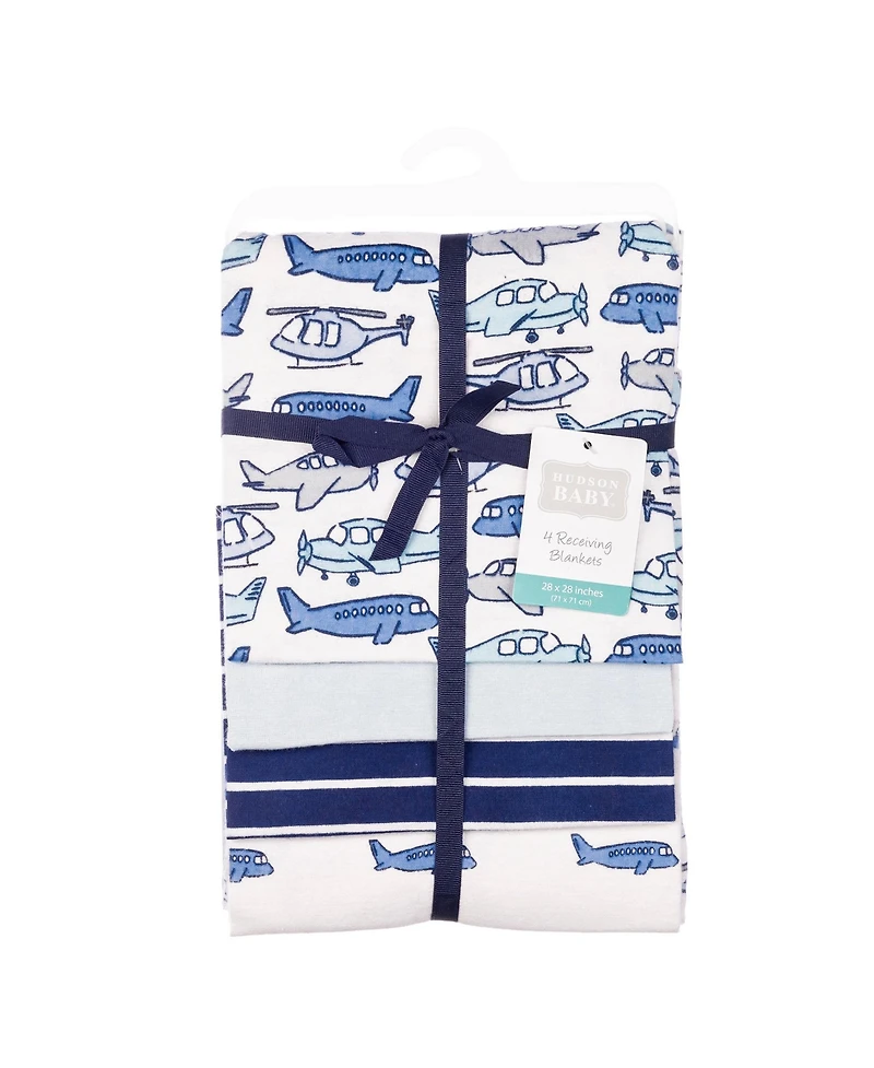 Hudson Baby Infant Boys Cotton Flannel Receiving Blankets 4-Pack, Born To Fly , One Size