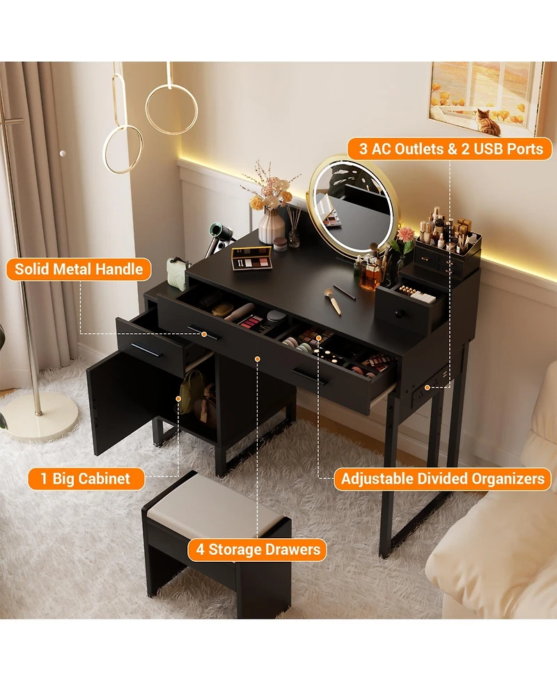 Aheaplus Makeup Vanity Desk with 4 Drawers and Cabinet, Dressing Table Outlets for Small Space