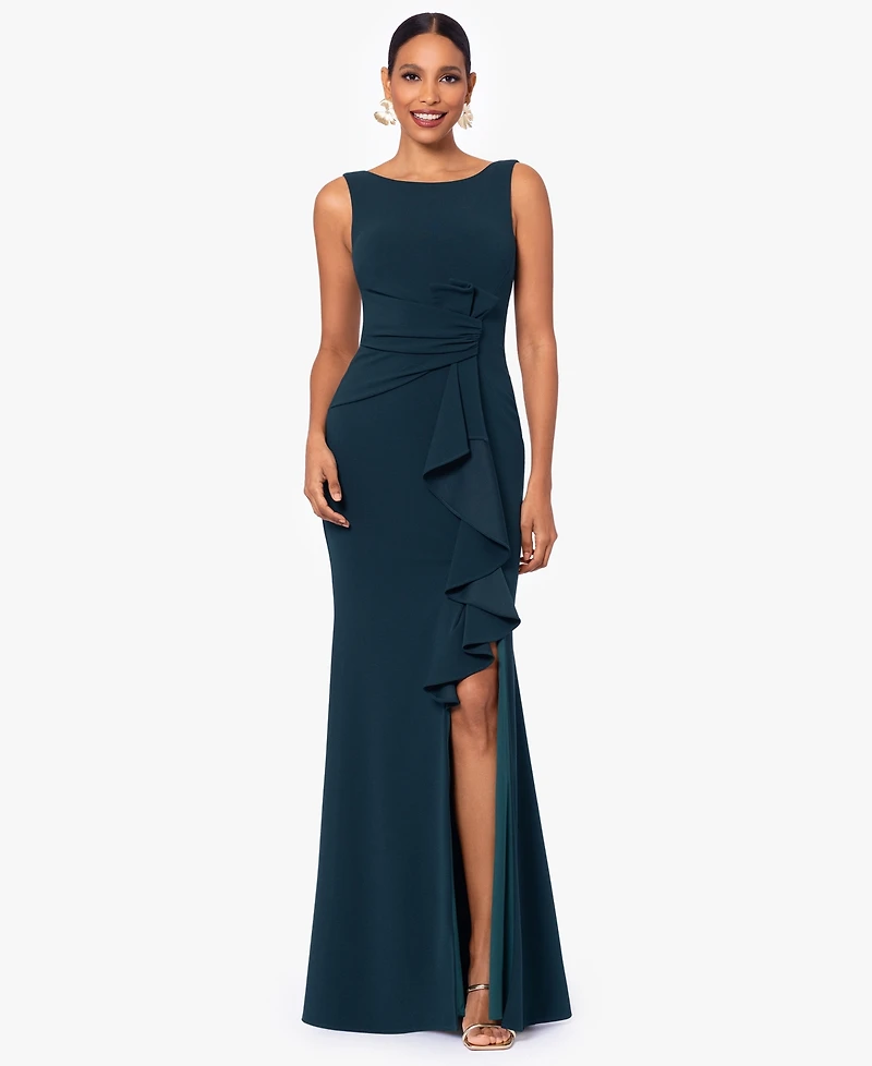 Betsy & Adam Women's Cascading-Ruffle Boat-Neck Gown