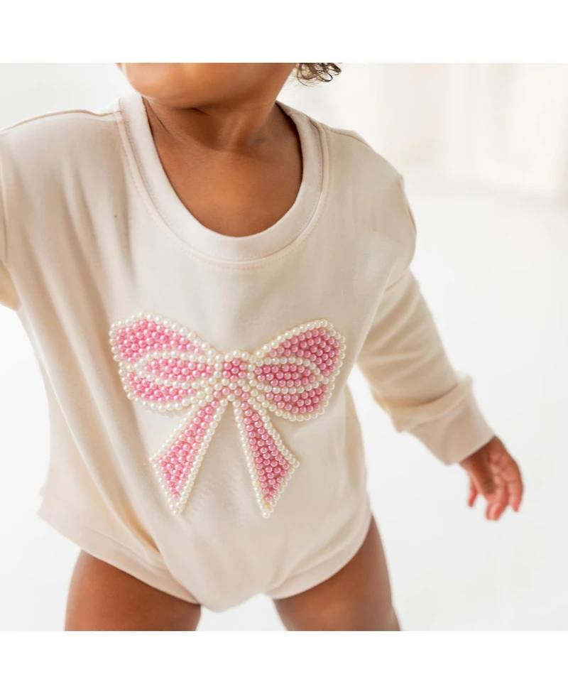 Sweet Wink Baby Girls Pearl Bow Patch Long Sleeve Romper
