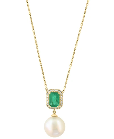 Effy Collection Freshwater Pearl (10mm), Diamond and Emerald Pendant Necklace (1/10 ct. t.w.) in 14k Yellow Gold