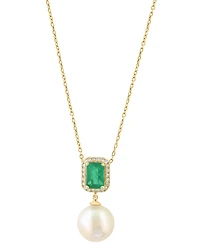 Effy Collection Freshwater Pearl (10mm), Diamond and Emerald Pendant Necklace (1/10 ct. t.w.) in 14k Yellow Gold