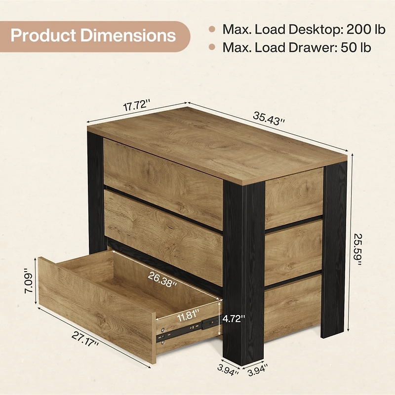 Tribesigns Oversized Nightstand, 36" Wide Night Stand with 3 Drawers, Extra Large Nightstand Bedside Table