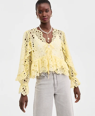 On 34th Women's Woven Long-Sleeve Cut-Work Blouse, Macy's Exclusive