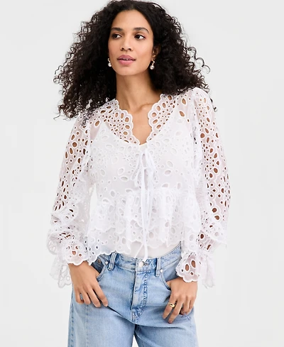 On 34th Women's Woven Long-Sleeve Cut-Work Blouse, Macy's Exclusive