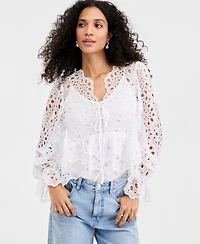 On 34th Women's Woven Long-Sleeve Cut-Work Blouse, Macy's Exclusive