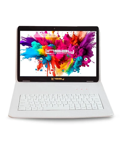 Linsay New 10.1" Tablet Octa Core 128GB Bundle with Exclusive Luxury White Crocodile Style Keyboard Newest Android 14