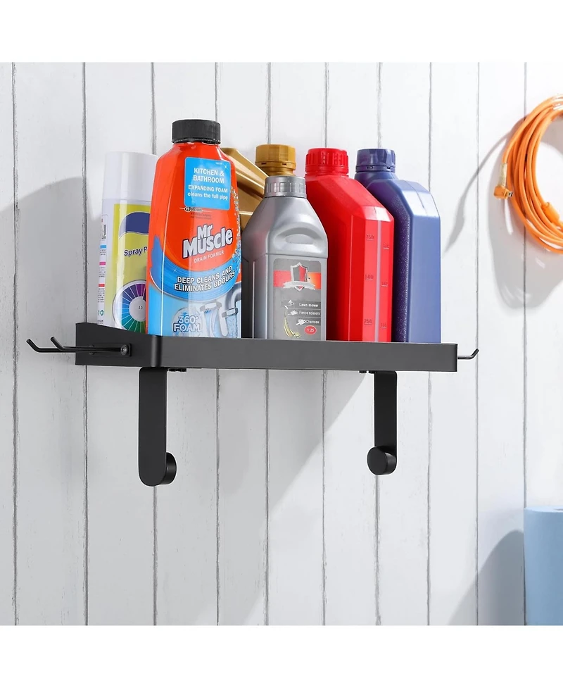 Garage Paper Towel Holder with Shelf - Wall Mount Paper Towel Holder with 4 Hooks, Single-Hand Tear Paper Towel Rack Heavy Duty Tissue Holder