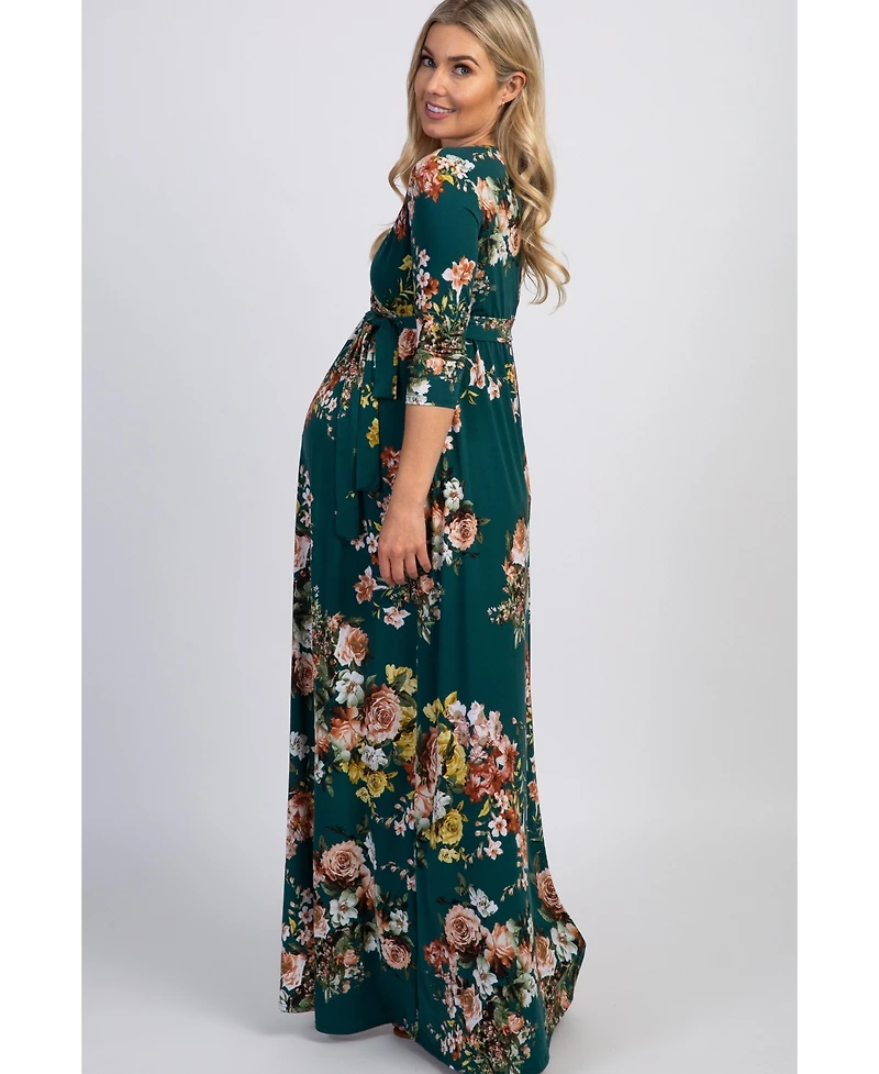 Pinkblush Maternity Green Rose Print Sash Tie Maxi Dress