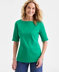 Style & Co Petite Cotton Elbow-Sleeve Boat-Neck Top, Exclusively at Macy's