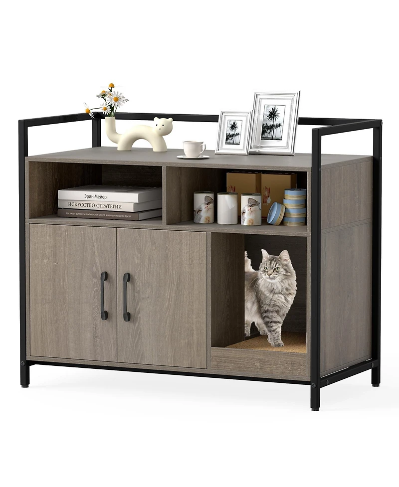 Gymax Cat Litter Box Enclosure w/ Storage Compartments Removable Scratching Board