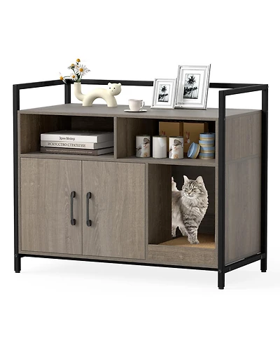 Gymax Cat Litter Box Enclosure w/ Storage Compartments Removable Scratching Board