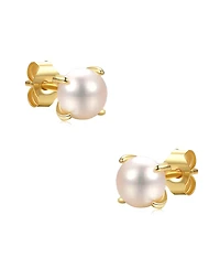 14k Gold Plated with Round White Genuine Pearl Solitaire Stud Earrings Sterling Silver