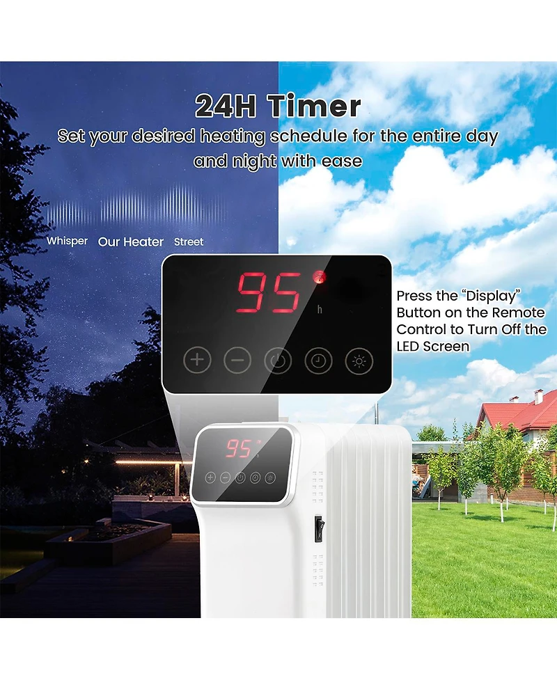 Sugift 1500W Oil Filled Radiator Heater with Remote Control 3 Modes 24H Timer