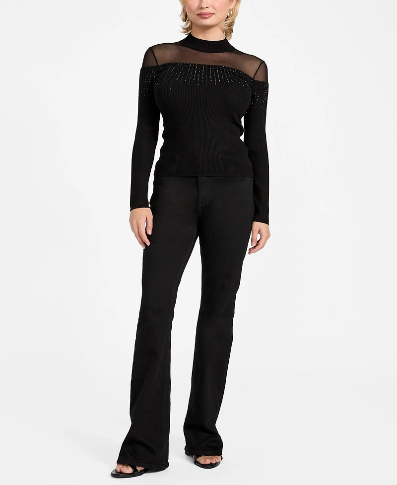 Guess Women's Embellish Sheer Panel Mock Neck Sweater