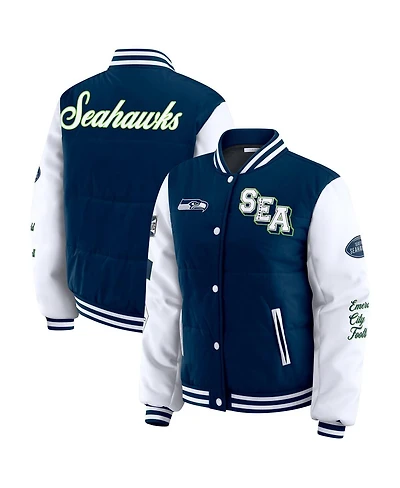 Wear by Erin Andrews Women's College Navy Seattle Seahawks Varsity Full-Snap Puffer Jacket