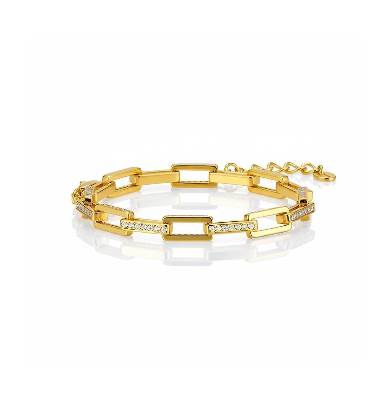 14k Gold Plated with Cubic Zirconia Rectangular Cable Link Adjustable Bracelet