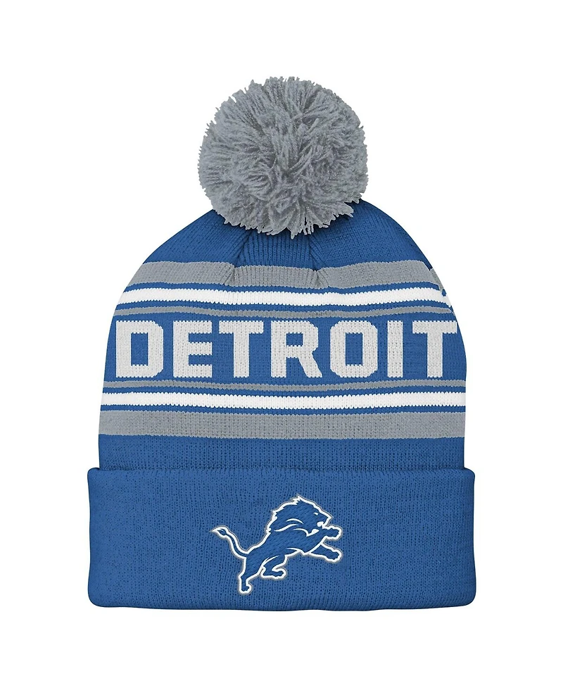 Outerstuff Big Boys and Girls Blue Detroit Lions Jacquard Cuffed Knit with Pom Hat